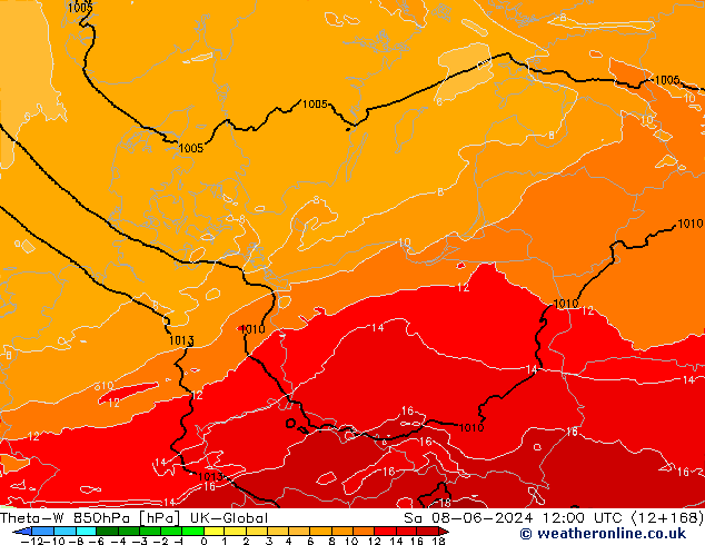 Theta-W 850hPa UK-Global sáb 08.06.2024 12 UTC