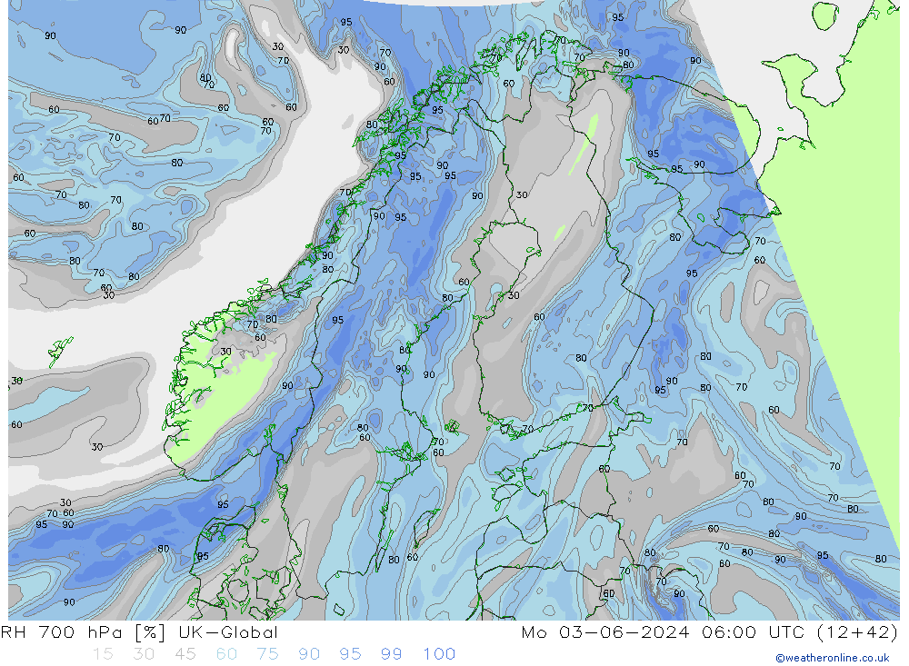 Humedad rel. 700hPa UK-Global lun 03.06.2024 06 UTC