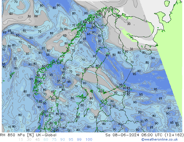 RH 850 hPa UK-Global So 08.06.2024 06 UTC