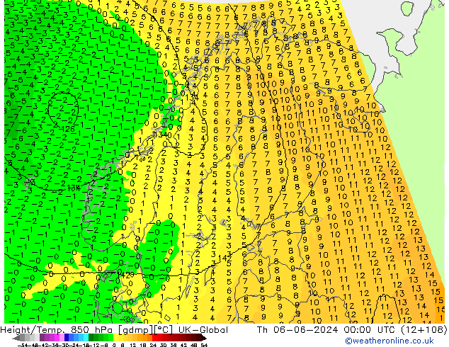 Height/Temp. 850 hPa UK-Global Th 06.06.2024 00 UTC