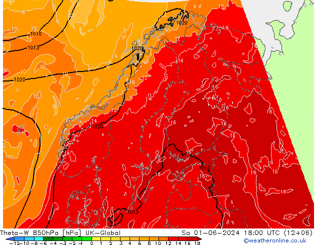 Theta-W 850hPa UK-Global Sa 01.06.2024 18 UTC