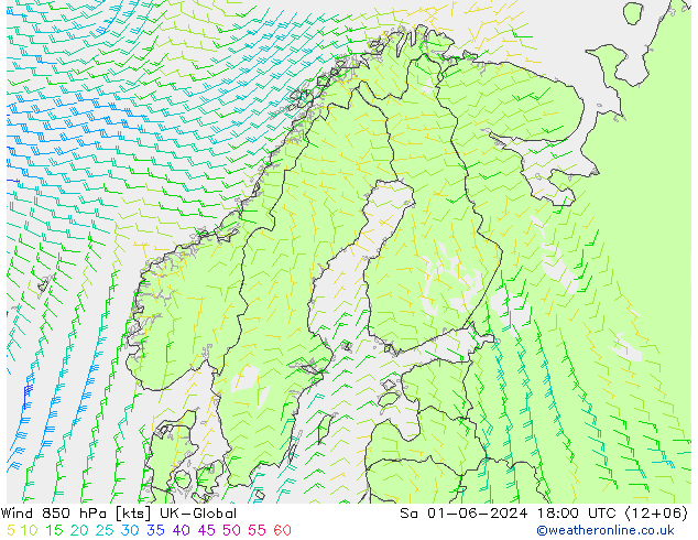 Vento 850 hPa UK-Global Sáb 01.06.2024 18 UTC