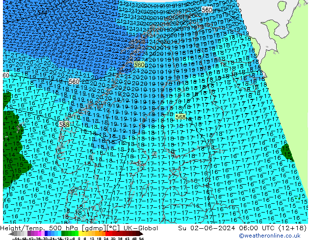 Height/Temp. 500 hPa UK-Global Dom 02.06.2024 06 UTC