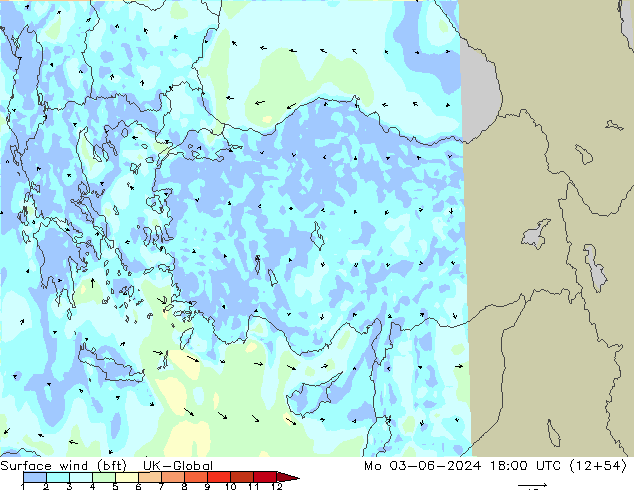 Vent 10 m (bft) UK-Global lun 03.06.2024 18 UTC