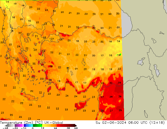 mapa temperatury (2m) UK-Global nie. 02.06.2024 06 UTC