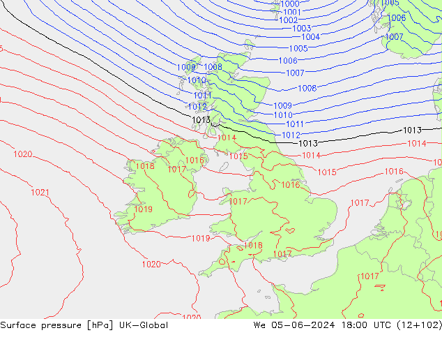 Atmosférický tlak UK-Global St 05.06.2024 18 UTC