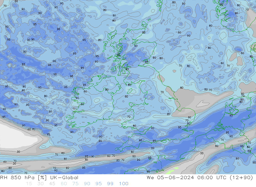 RH 850 гПа UK-Global ср 05.06.2024 06 UTC