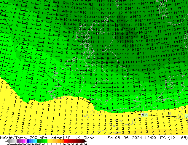 Height/Temp. 700 hPa UK-Global  08.06.2024 12 UTC