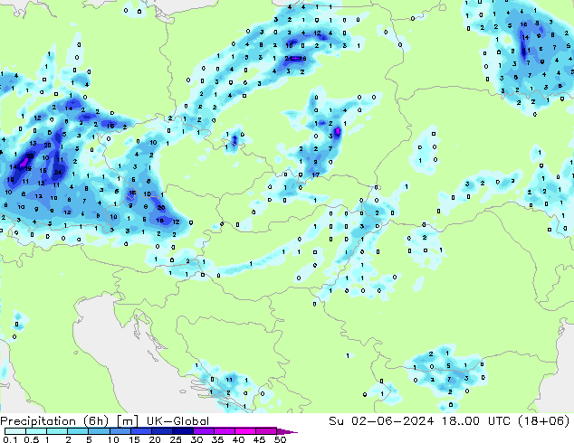 Precipitación (6h) UK-Global dom 02.06.2024 00 UTC