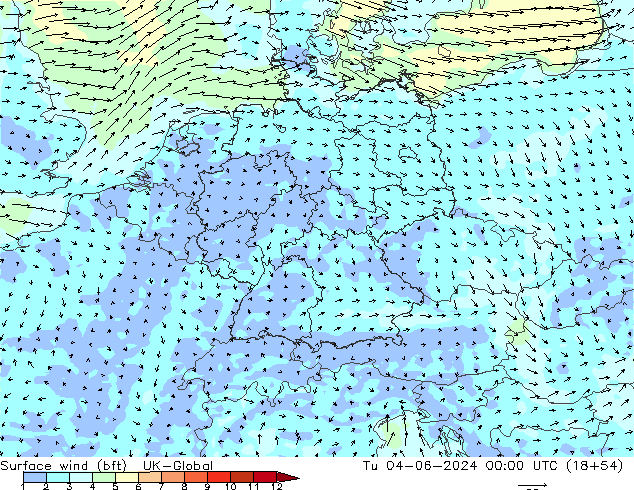Vent 10 m (bft) UK-Global mar 04.06.2024 00 UTC
