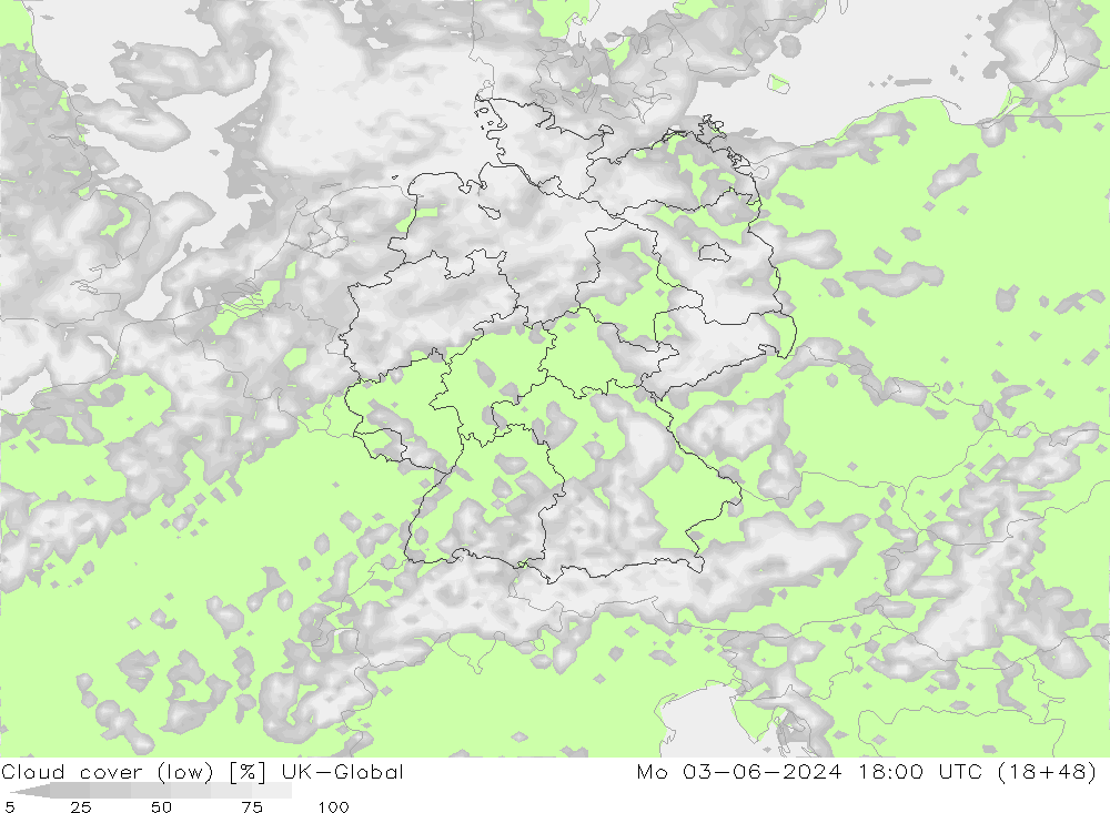 Cloud cover (low) UK-Global Mo 03.06.2024 18 UTC