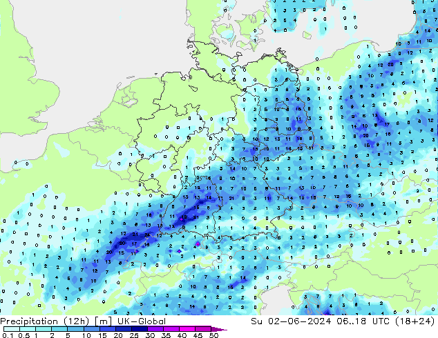 Precipitation (12h) UK-Global Su 02.06.2024 18 UTC