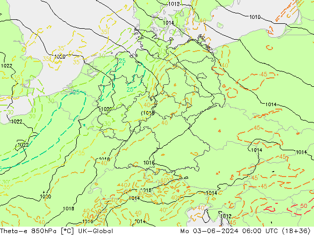 Theta-e 850hPa UK-Global Mo 03.06.2024 06 UTC