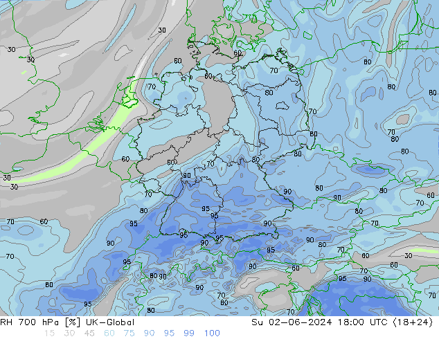 RH 700 hPa UK-Global 星期日 02.06.2024 18 UTC