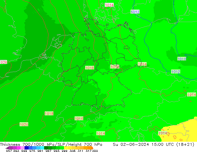 Dikte700-1000 hPa UK-Global zo 02.06.2024 15 UTC