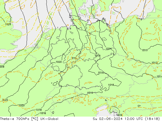Theta-e 700hPa UK-Global Su 02.06.2024 12 UTC