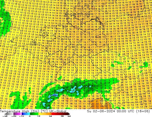 Temperatura máx. (2m) UK-Global dom 02.06.2024 00 UTC