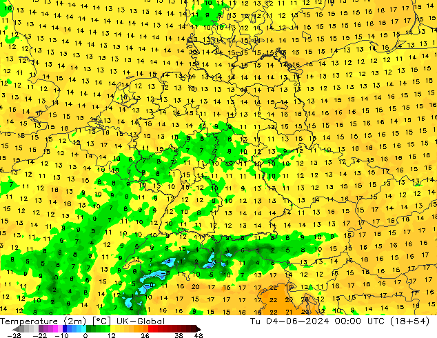 Temperature (2m) UK-Global Út 04.06.2024 00 UTC