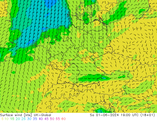 Vent 10 m UK-Global sam 01.06.2024 19 UTC