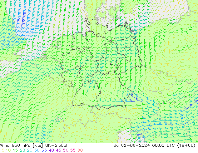 Wind 850 hPa UK-Global So 02.06.2024 00 UTC