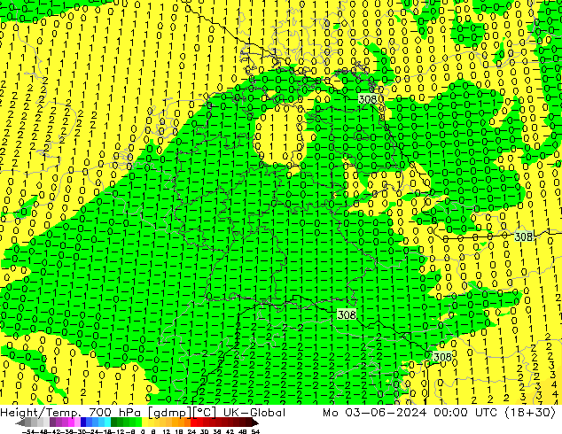 Height/Temp. 700 hPa UK-Global lun 03.06.2024 00 UTC