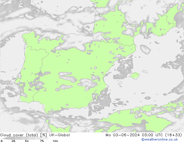Cloud cover (total) UK-Global Mo 03.06.2024 03 UTC