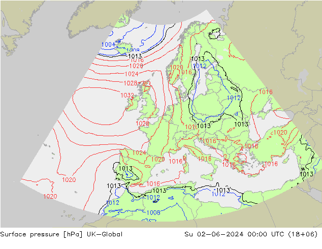 Pressione al suolo UK-Global dom 02.06.2024 00 UTC