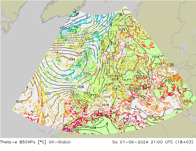 Theta-e 850hPa UK-Global Sa 01.06.2024 21 UTC