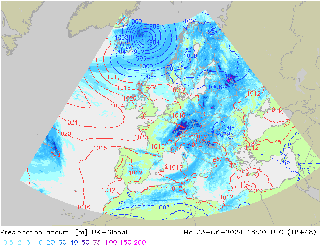 Precipitation accum. UK-Global lun 03.06.2024 18 UTC