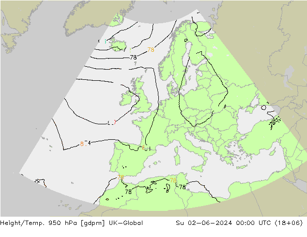 Géop./Temp. 950 hPa UK-Global dim 02.06.2024 00 UTC