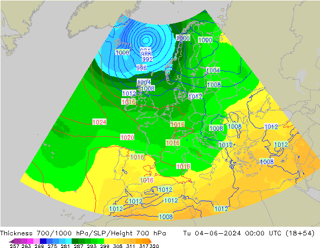Thck 700-1000 hPa UK-Global mar 04.06.2024 00 UTC