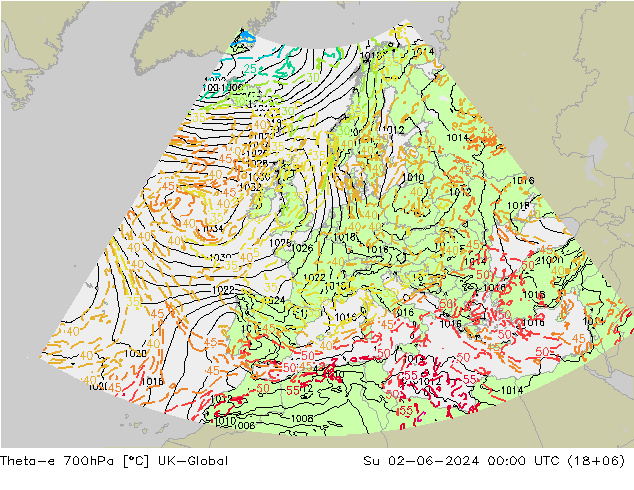Theta-e 700hPa UK-Global dim 02.06.2024 00 UTC