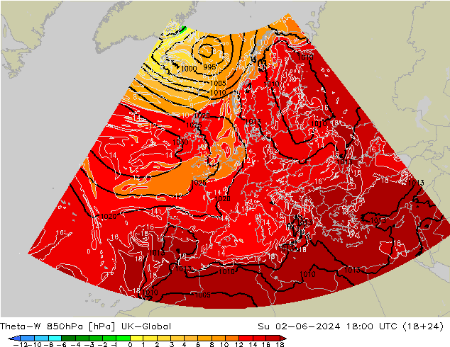 Theta-W 850hPa UK-Global Su 02.06.2024 18 UTC
