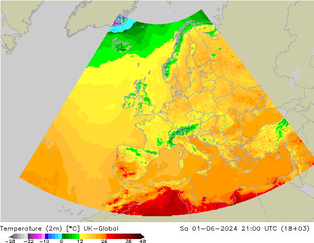 Temperaturkarte (2m) UK-Global Sa 01.06.2024 21 UTC