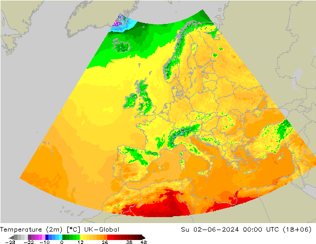 Temperatura (2m) UK-Global dom 02.06.2024 00 UTC