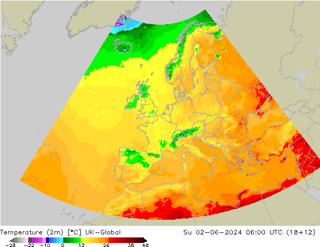 Temperatura (2m) UK-Global dom 02.06.2024 06 UTC