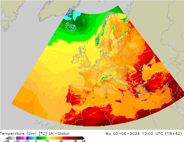 Temperature (2m) UK-Global Po 03.06.2024 12 UTC