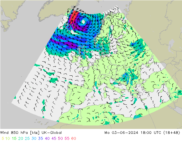 Vento 850 hPa UK-Global lun 03.06.2024 18 UTC
