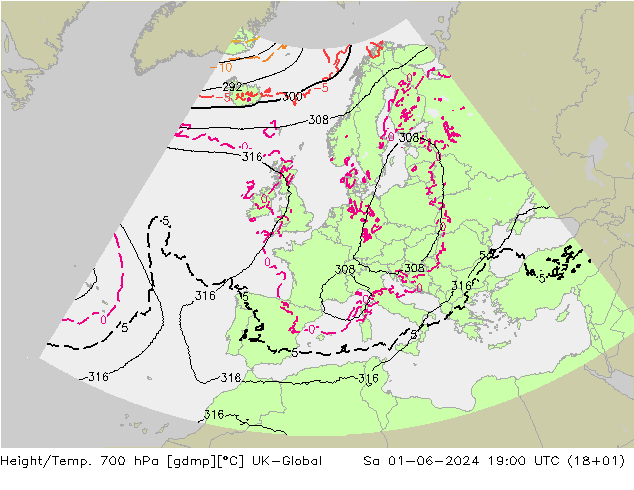 Height/Temp. 700 hPa UK-Global Sa 01.06.2024 19 UTC