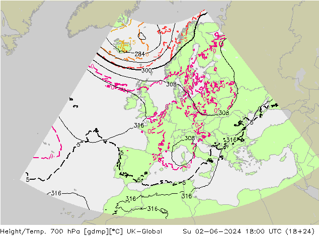 Height/Temp. 700 hPa UK-Global Su 02.06.2024 18 UTC