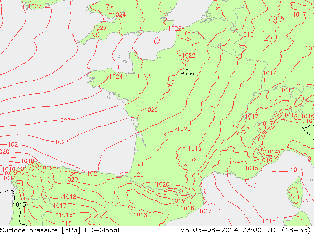 Pressione al suolo UK-Global lun 03.06.2024 03 UTC