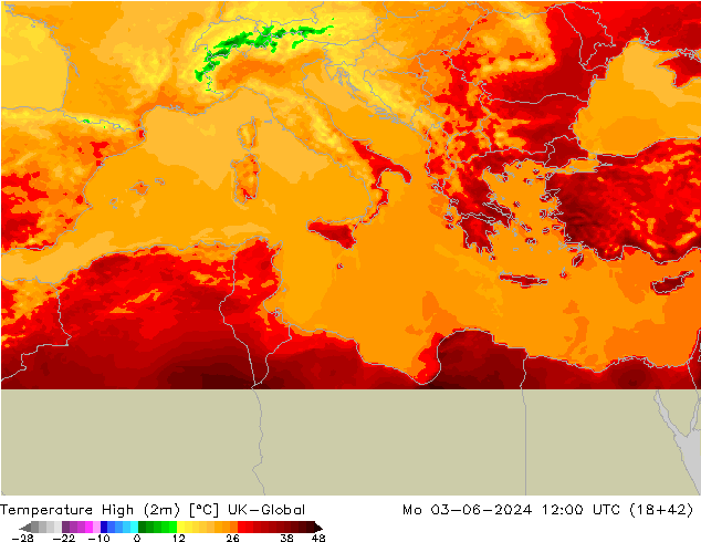Temperature High (2m) UK-Global Mo 03.06.2024 12 UTC
