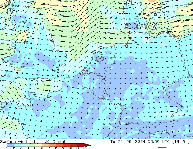 Surface wind (bft) UK-Global Tu 04.06.2024 00 UTC