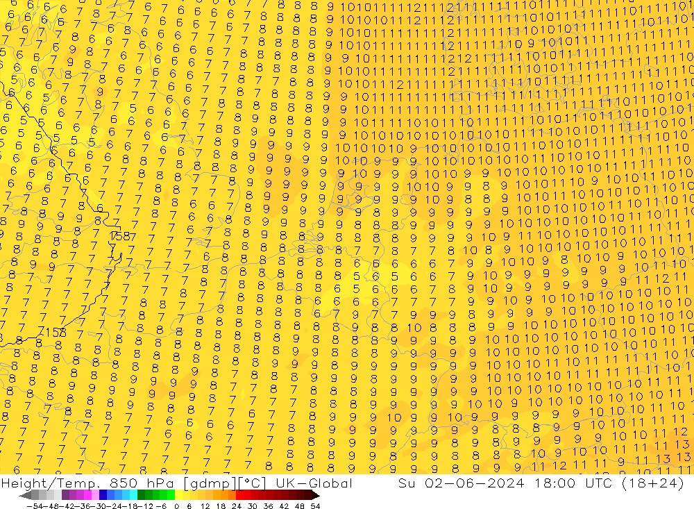 Height/Temp. 850 hPa UK-Global Ne 02.06.2024 18 UTC