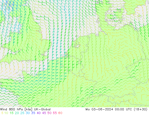 Wind 850 hPa UK-Global Mo 03.06.2024 00 UTC