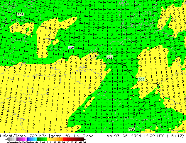 Height/Temp. 700 hPa UK-Global  03.06.2024 12 UTC