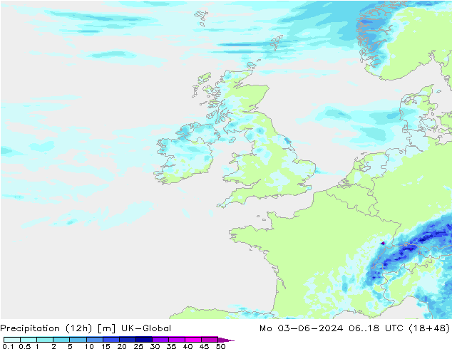 Totale neerslag (12h) UK-Global ma 03.06.2024 18 UTC