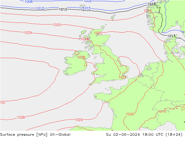 Pressione al suolo UK-Global dom 02.06.2024 18 UTC