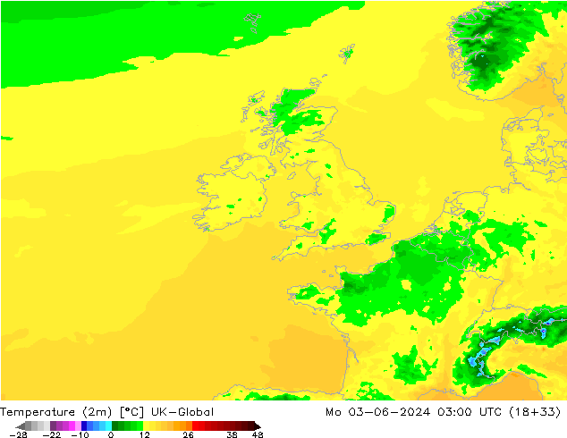 Sıcaklık Haritası (2m) UK-Global Pzt 03.06.2024 03 UTC