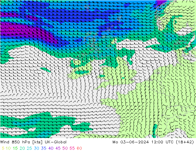 Wind 850 hPa UK-Global Mo 03.06.2024 12 UTC